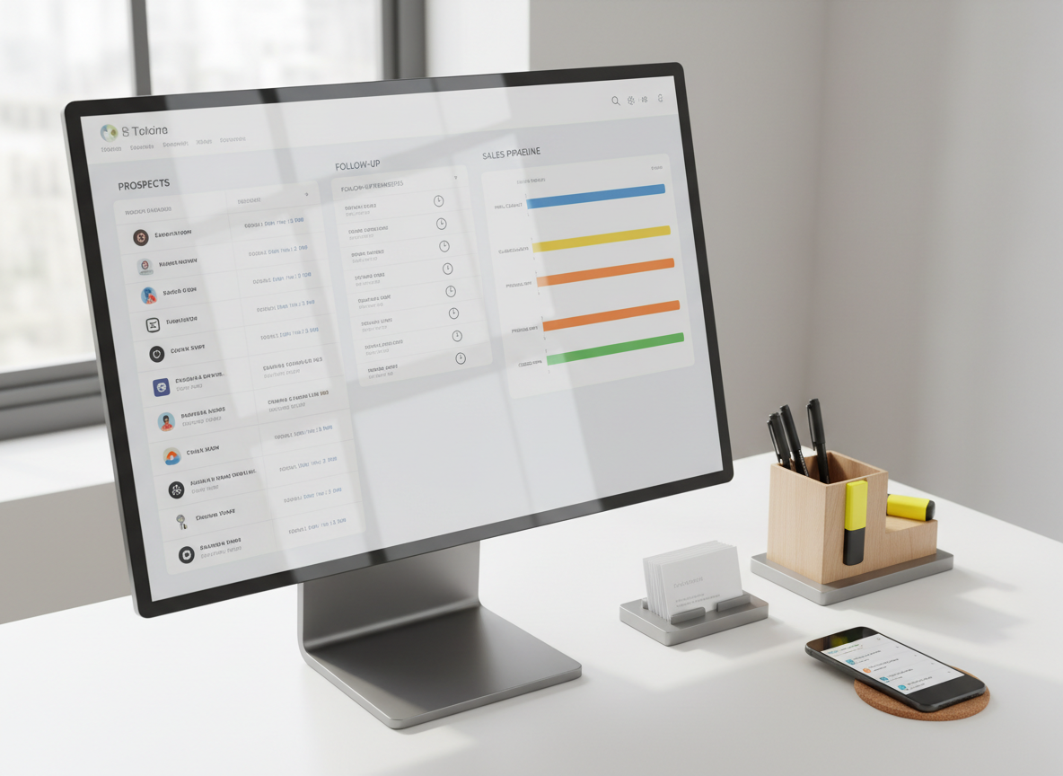 A carefully arranged desk scene featuring a large, ultra-thin monitor displaying a detailed CRM interface, with columns of prospects, follow-up reminders, and color-coded stages of a sales pipeline. Next to the monitor, a metal card holder displays elegant business cards, and a minimalist desk organizer holds neatly aligned pens and highlighters. A smartphone lies on a cork pad, its screen showing scheduled follow-up notifications. Cool, neutral daylight from a nearby window illuminates the scene, creating faint reflections on the monitor and a calm, focused ambiance. Captured from a slightly elevated angle with photographic realism, the composition uses the rule of thirds to emphasize digital tools and structure, visually representing precise, time-saving commercial support and client portfolio management.
