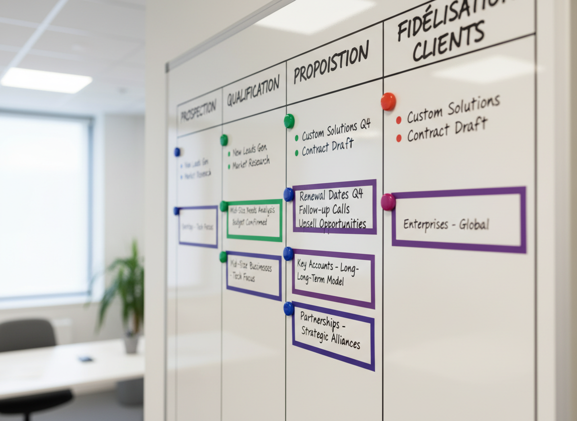 A close-up of a wall-mounted whiteboard in a bright, modern office, covered with a meticulously drawn sales strategy: distinct columns for prospecting, qualification, proposal, and loyalty, each labeled with bold, clean handwriting. Colorful magnetic markers highlight key opportunities and renewal dates, and neatly printed cards represent different client profiles and market segments. Soft overhead lighting and subtle daylight combine to produce even, shadow-free illumination, enhancing legibility. The camera is positioned at a slight side angle, using shallow depth of field so the central column labeled “Fidélisation clients” remains in crisp focus while the rest gently blurs. Photographic realism with a professional, organized mood, conveying structure, foresight, and long-term customer relationship management.