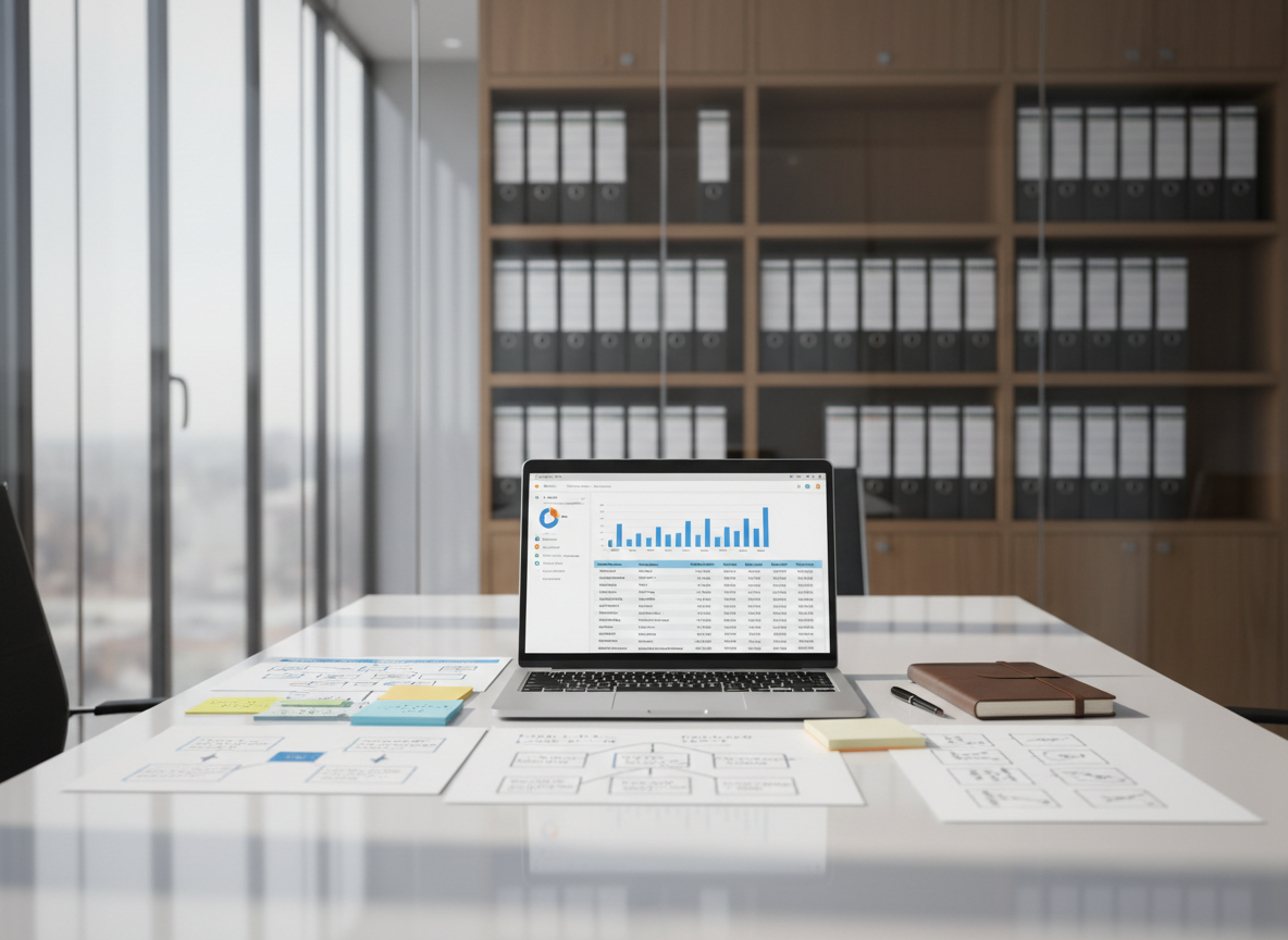 A sleek, glass-walled modern office meeting room table seen from an eye-level perspective, with an open silver laptop displaying a clean dashboard of sales metrics and neatly organized contact lists. Around the laptop, printed sales workflow diagrams, color-coded sticky notes, and a closed leather notebook lie in orderly fashion, symbolizing structured commercial assistance. Soft, diffused daylight enters through large windows, reflecting subtly on the polished white tabletop and creating gentle, professional shadows. In the background, out-of-focus shelves hold neatly arranged binders labeled with client sectors. Photographic realism with a clean, modern corporate aesthetic, balanced with a shallow depth of field to keep the central workspace in sharp focus, conveying efficiency, clarity, and strategic organization in business development.